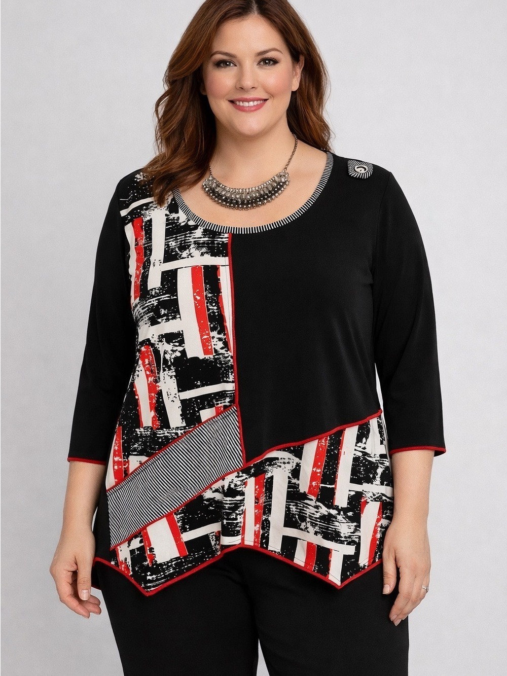 PAPA VANCOUVER Black and Red Patterned Sharkbite Stretch Blouse size XL